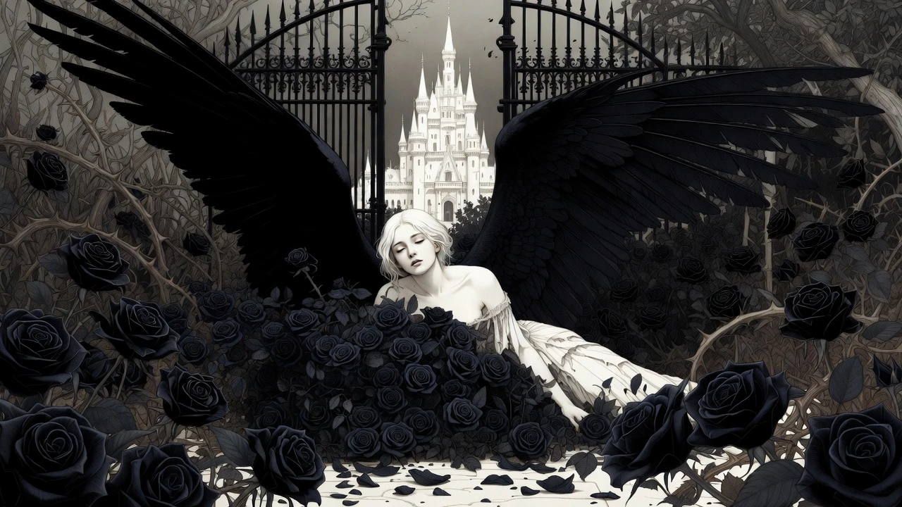 Ángel punk pálido descansando entre rosas negras en un jardín