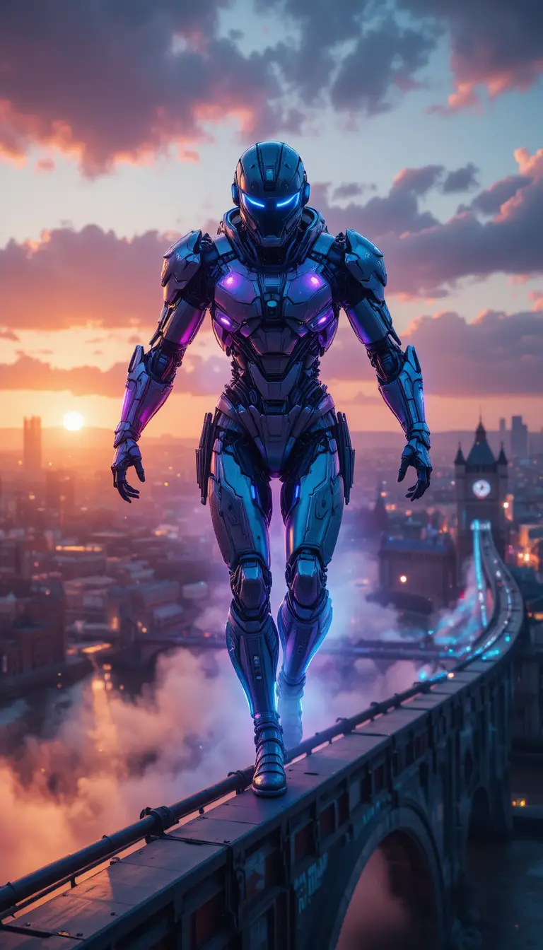 Futuristic robot flying above a glowing city bridge