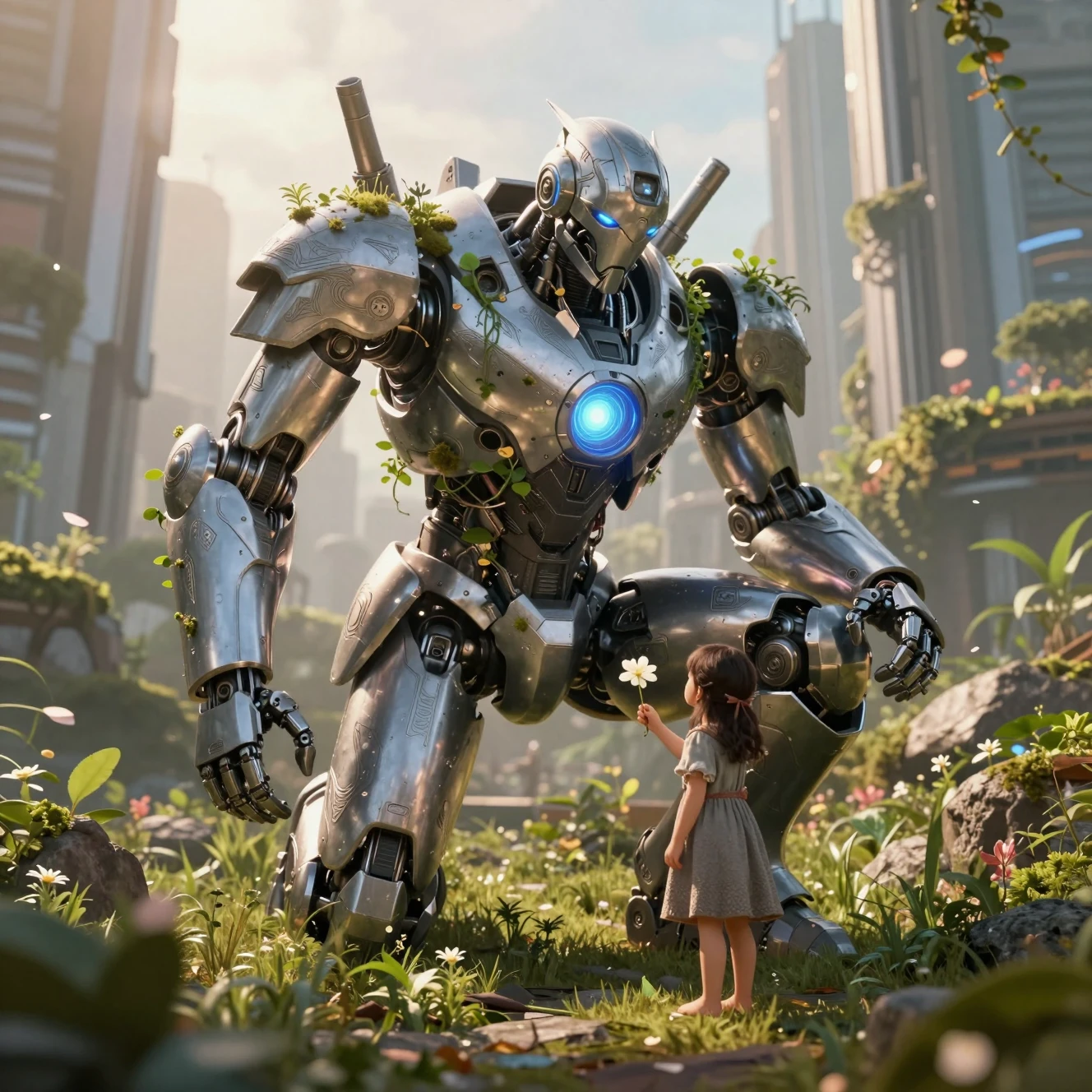 Robot gigante se arrodilla ante una niña descalza en ruinas del bosque