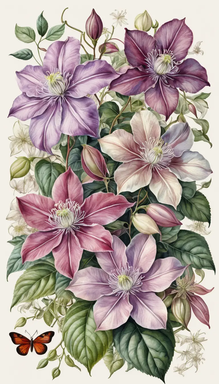 Flyer graphique avec illustration de fleur de clématite en aquarelle