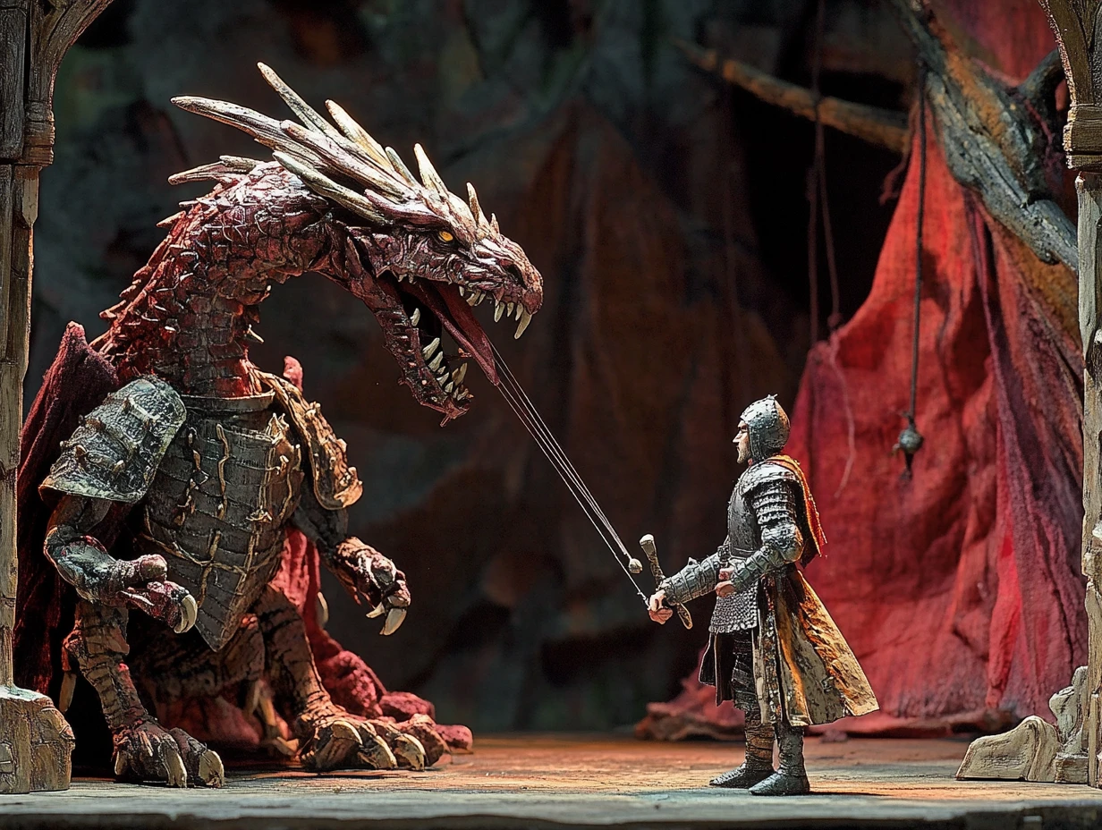 Un chevalier et un dragon s’affrontent sur une scène dramatique de théâtre de marionnettes
