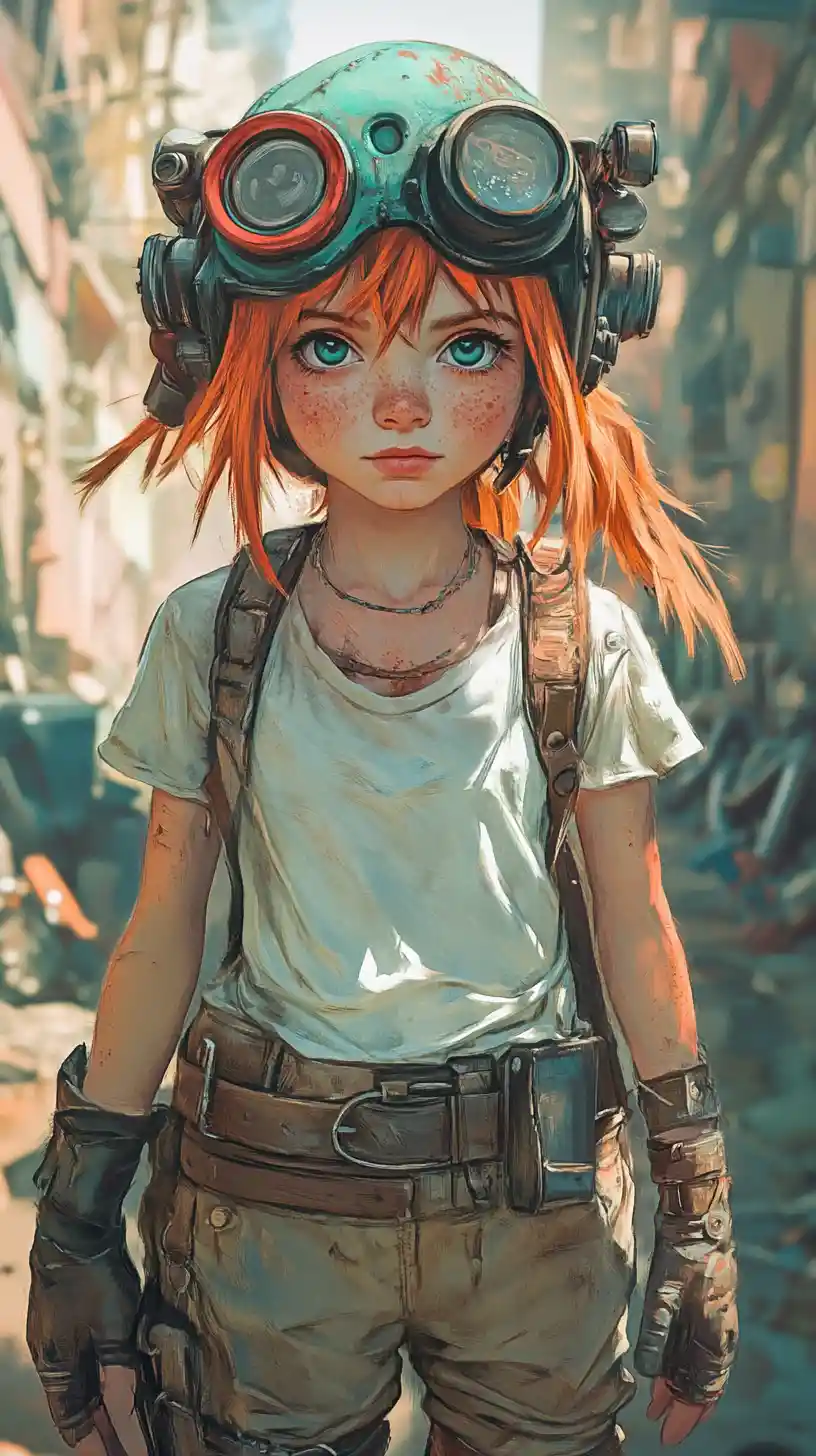 Steampunk-Anime-Mädchen als Entdeckerin in einer zerstörten Stadtstraße