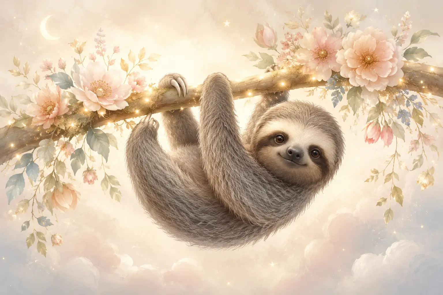 發光花枝上的可愛樹懶寶寶托嬰插畫