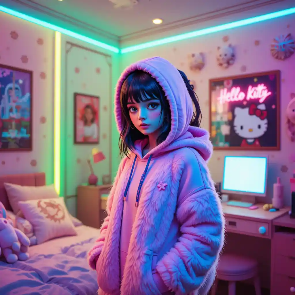 Fille 3D en hoodie rose dans une chambre au néon