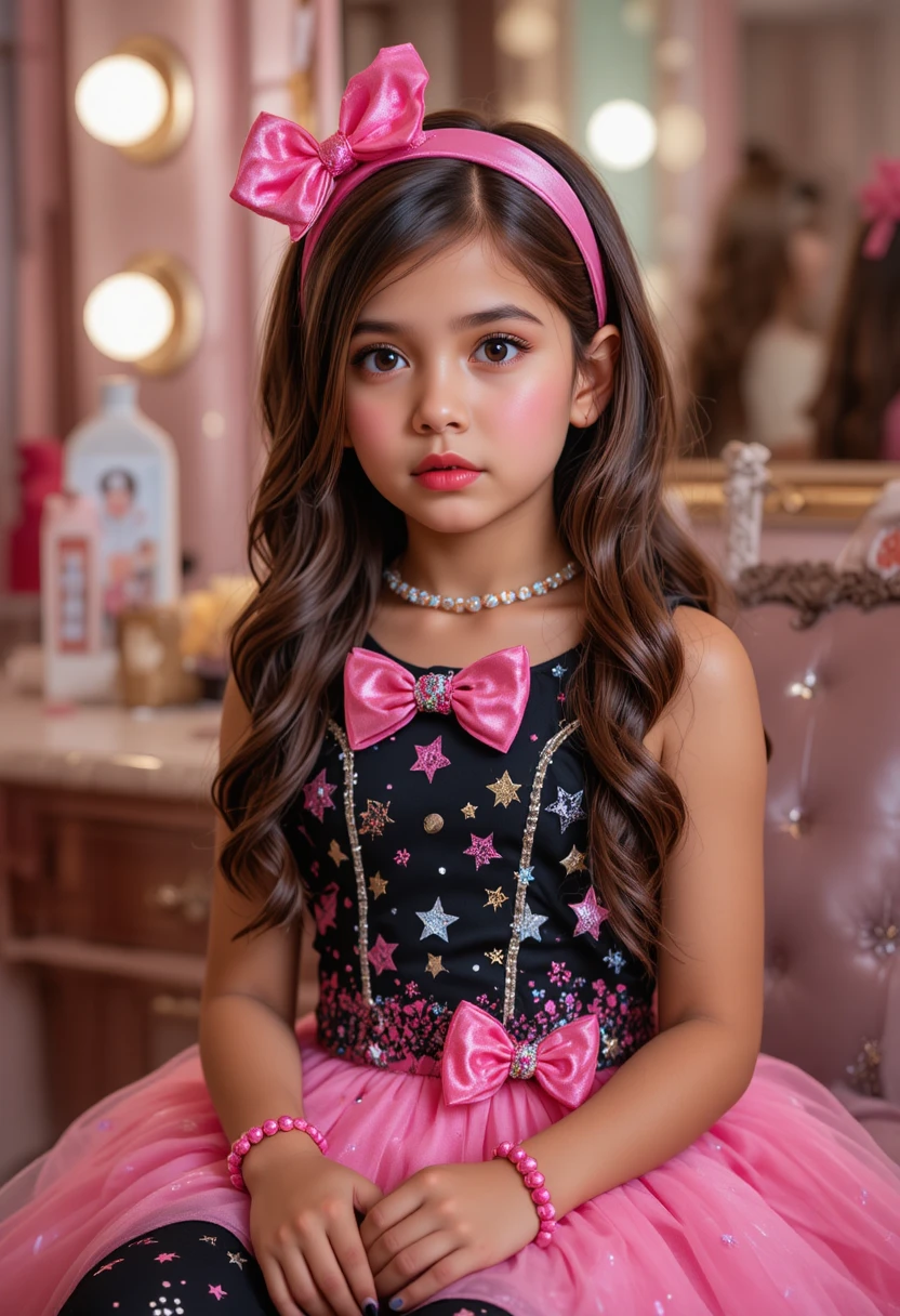Menino com vestido rosa de estrelas em uma penteadeira de maquiagem