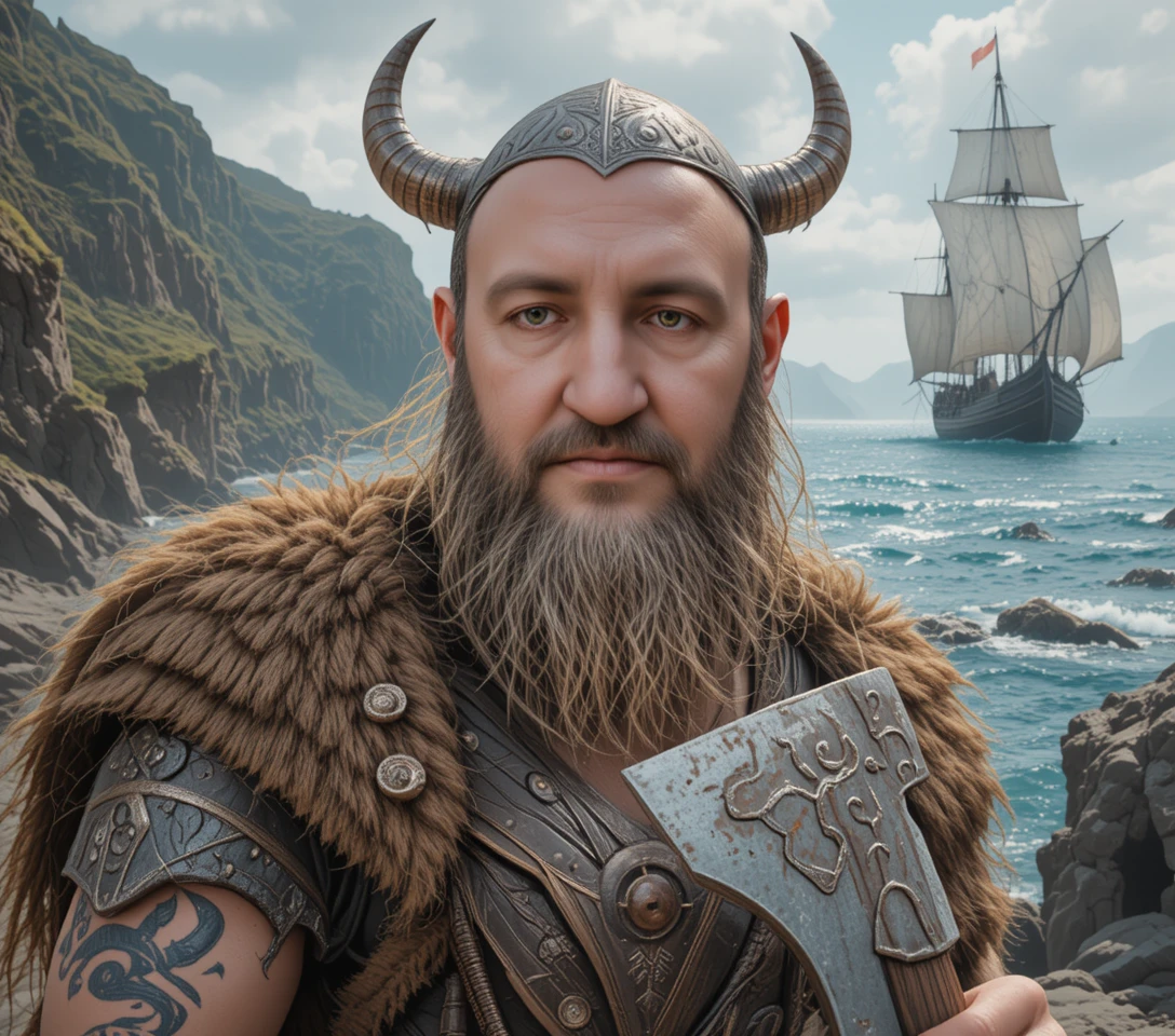 Retrato de um feroz berserker viking nas falésias à beira-mar