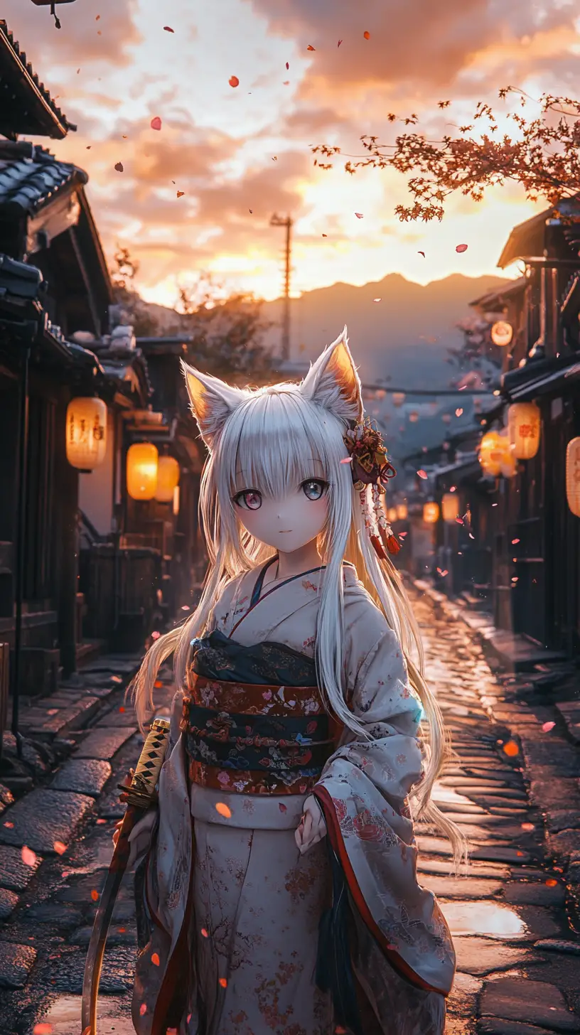 Fille chat en kimono en lambeaux dans une ancienne rue japonaise