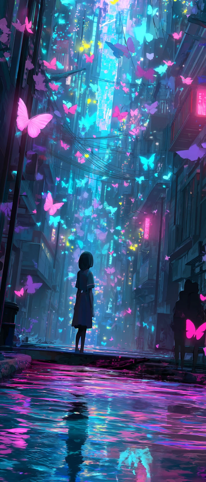Spirito anime sopra un vicolo inondato di neon alla luce morente