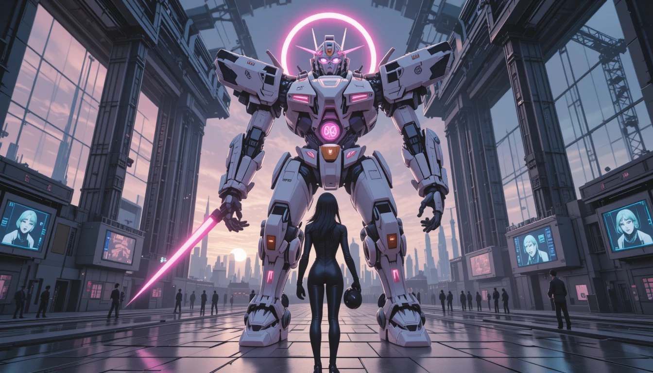 Colossale mecha sakura si risveglia in un hangar di lancio cyberpunk