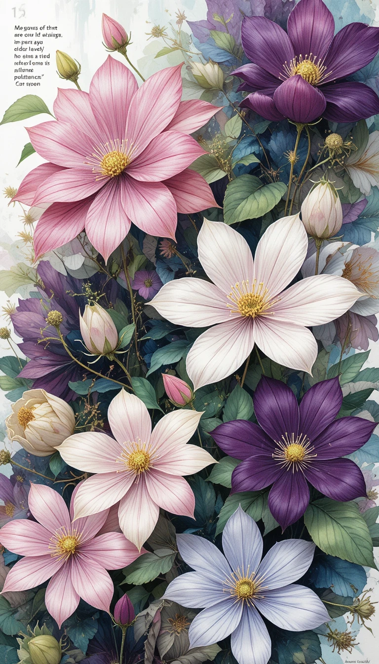 Flyer vetorial com ilustração de flor de clematis em aquarela