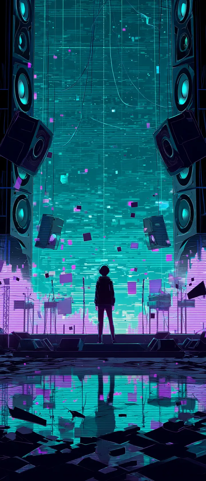 Anime musician on neon holographic stage with shattering sound waves