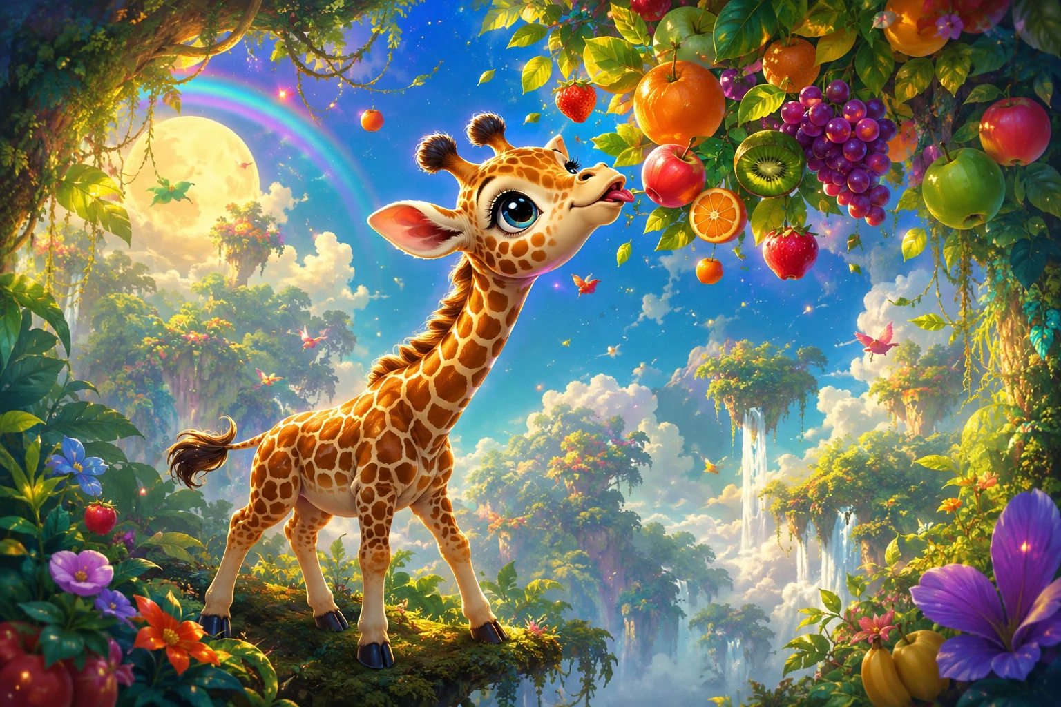 Adorável filhote de girafa alcançando frutas flutuantes no topo da selva