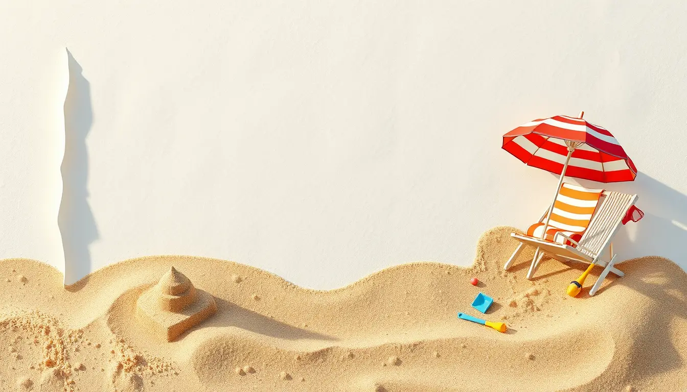 Strandrahmen mit Sandburg und sommerlichen Strandaccessoires
