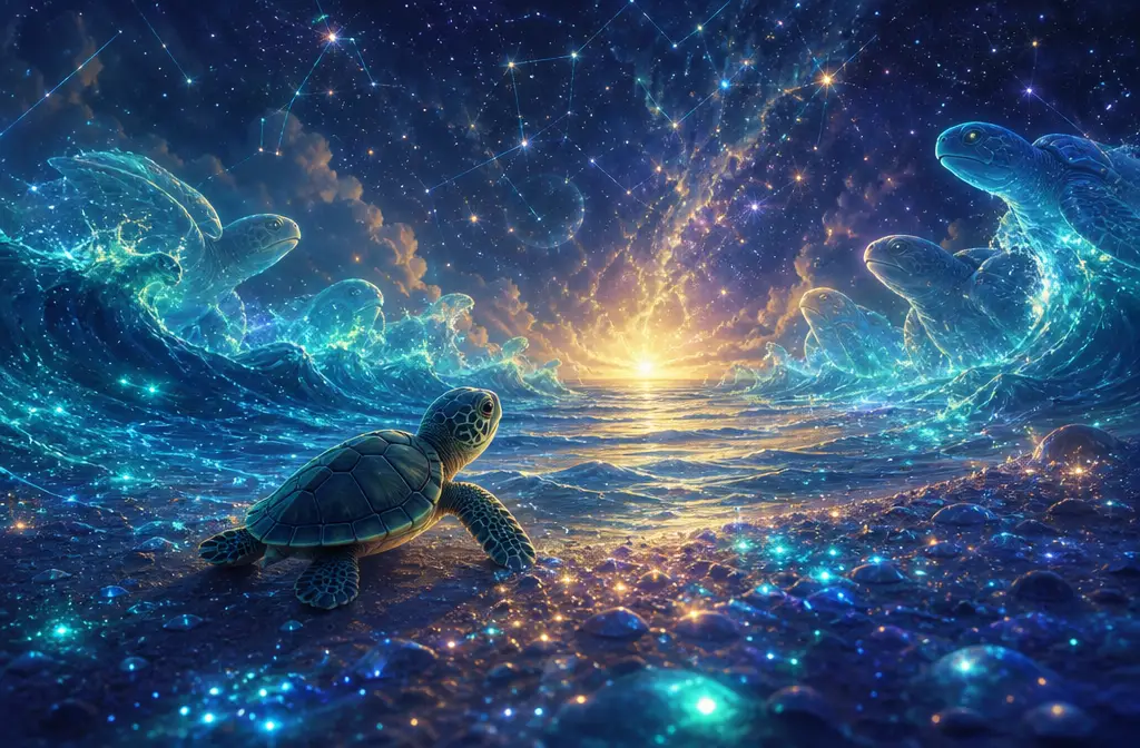 Baby sea turtle on glowing fantasy beach at night