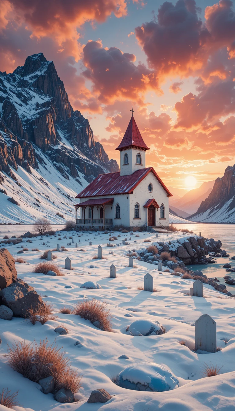 Chiesa di montagna sul lago ghiacciato al tranquillo tramonto invernale