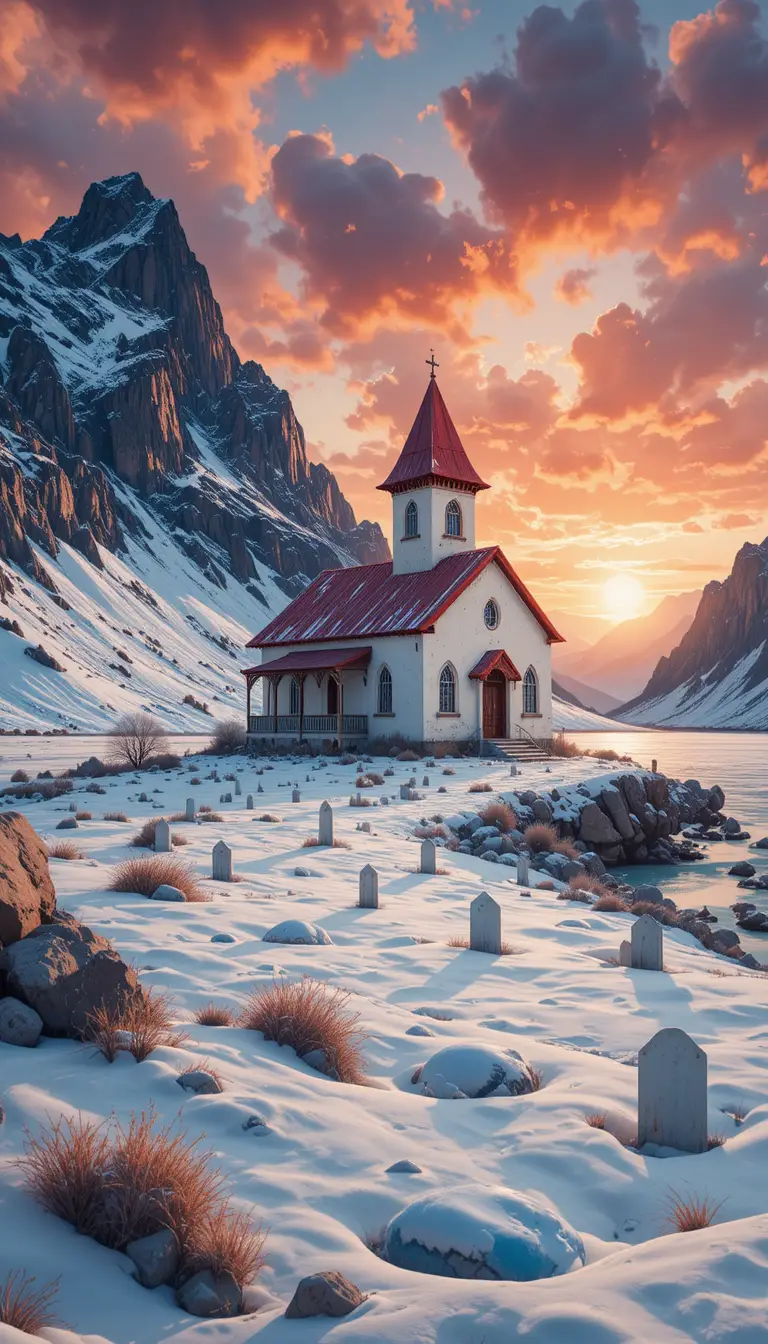 Église de montagne au bord d’un lac gelé au calme coucher de soleil d’hiver