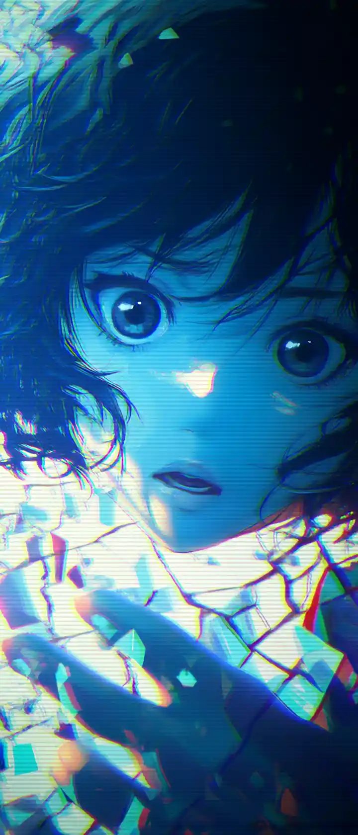 Anime girl trapped inside a cracked digital desktop