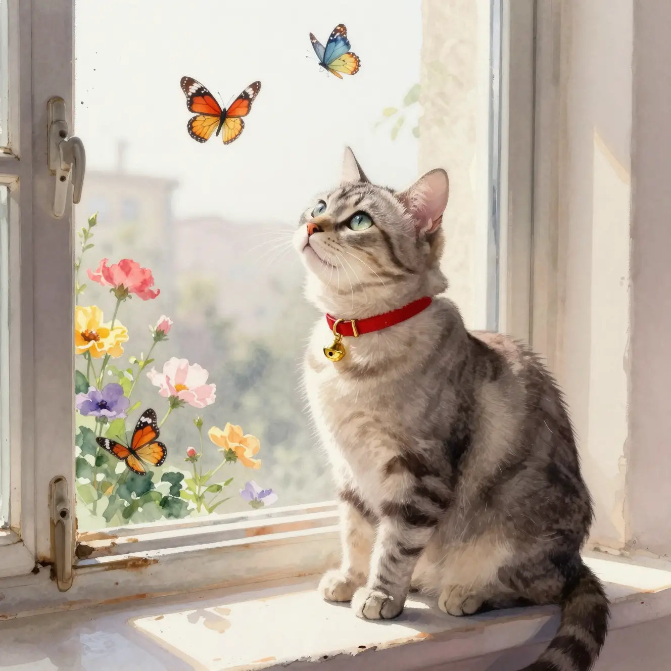 Chat tuxedo sur le rebord de fenêtre regardant les papillons de printemps