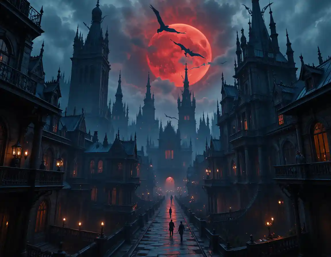 Neugotische Vampirstadt unter blutrotem Mondhimmel