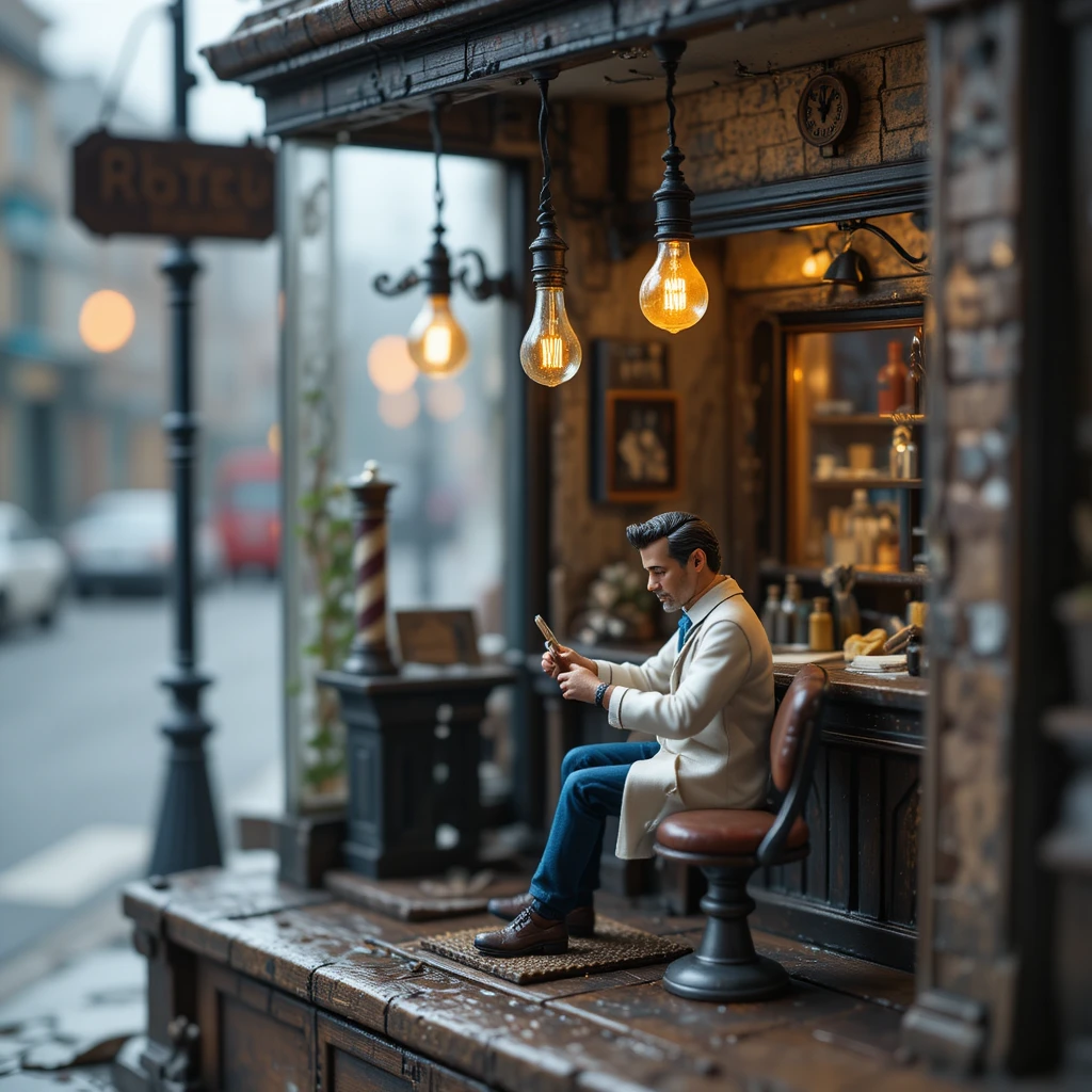 Diorama en miniatura de barbería iluminada por una sola bombilla cálida