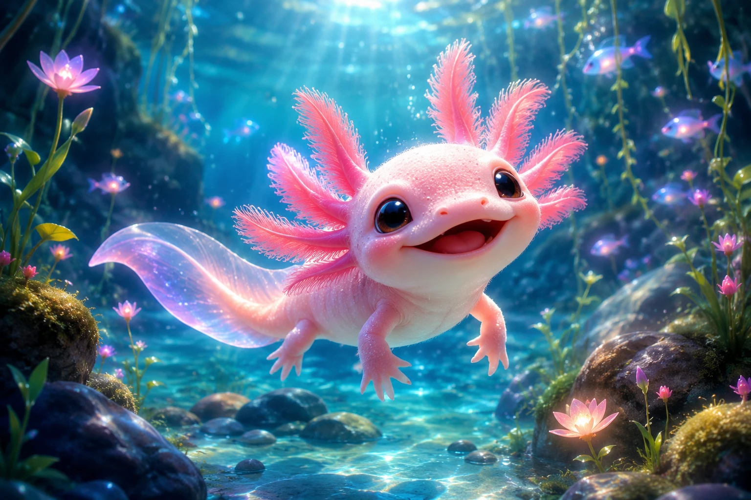 かわいいピクサー風の赤ちゃんウーパールーパーが光る池で泳ぐ