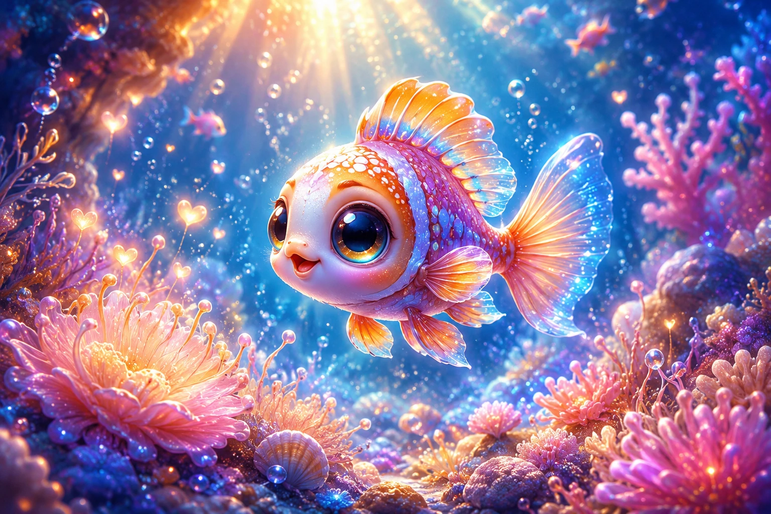 Adorable Bébé Poisson de Récif dans une Douce Clairière Sous-Marine Magique