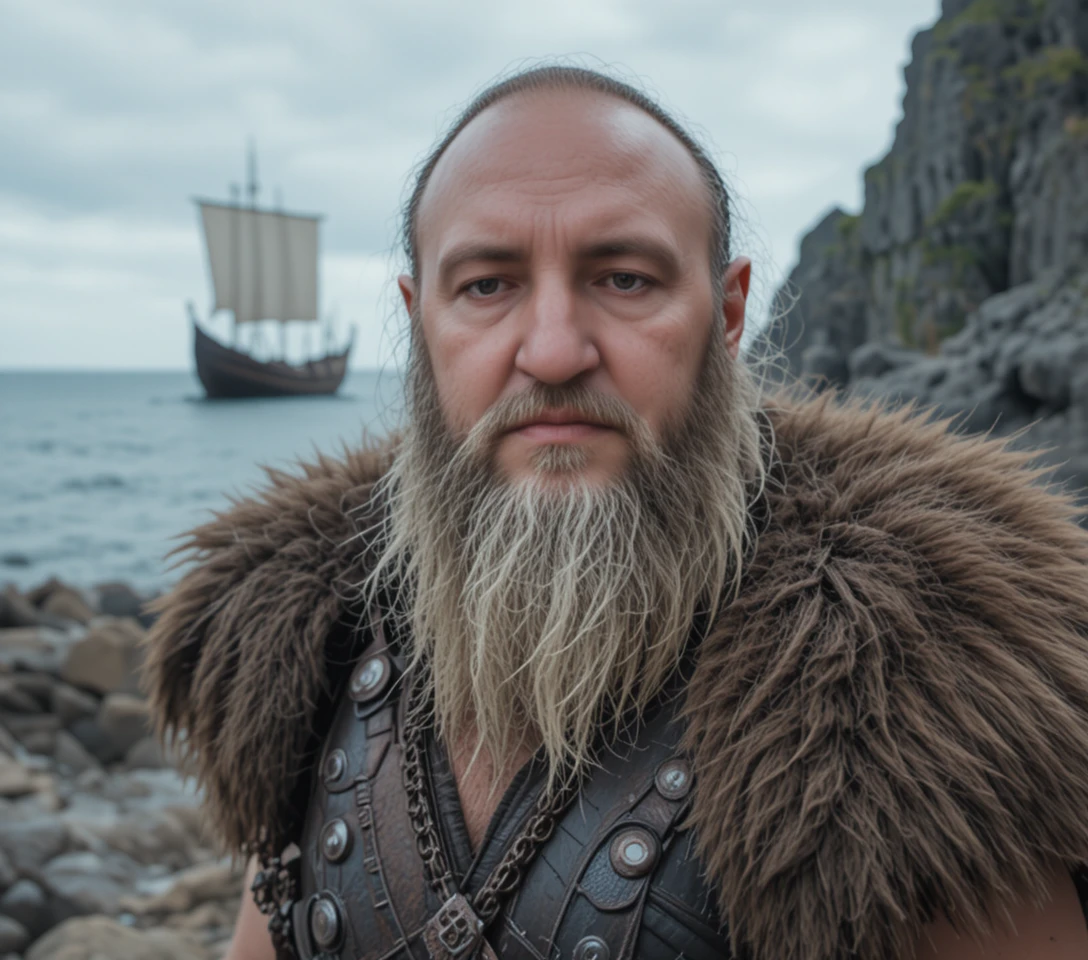 Fierce Viking berserker portrait by the northern sea