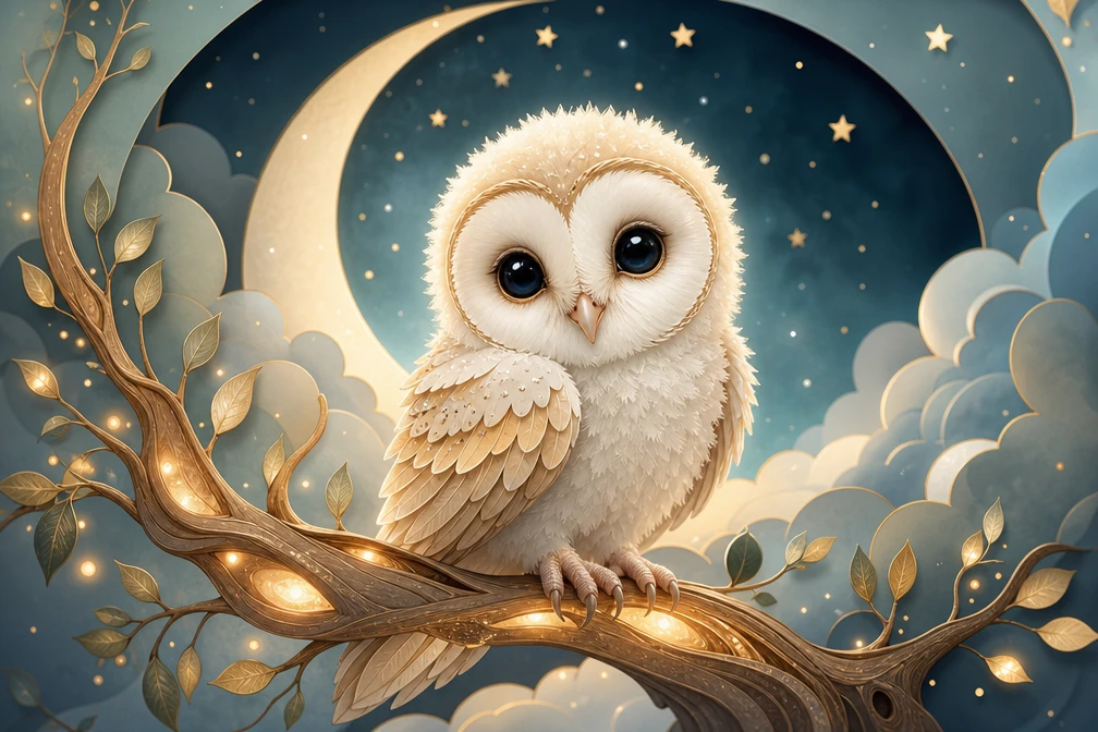 Corujinha-barn-owl bebê fofa em galho brilhante – ilustração para quarto infantil