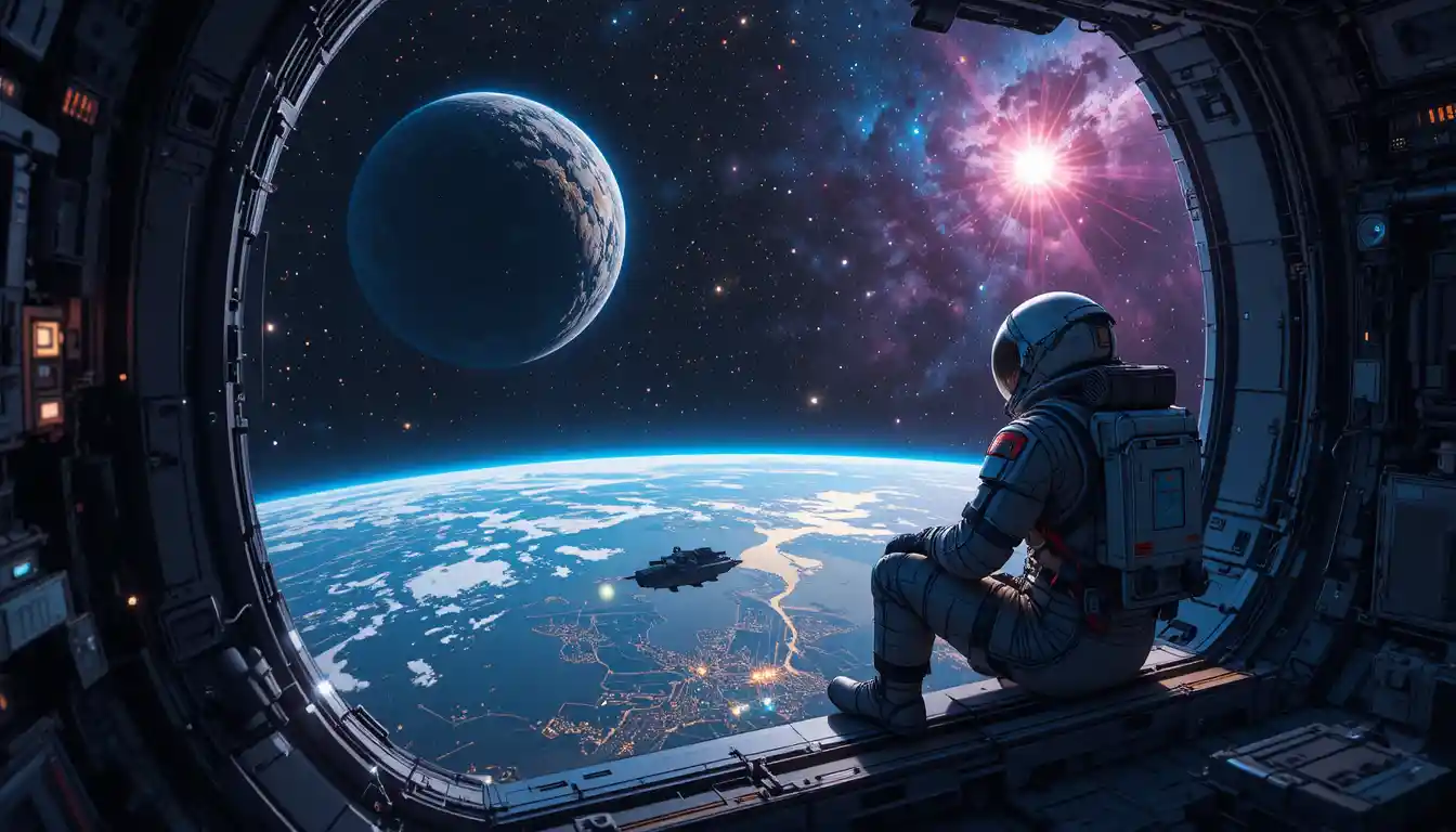 Astronauta che osserva la Terra dal finestrino della stazione spaziale