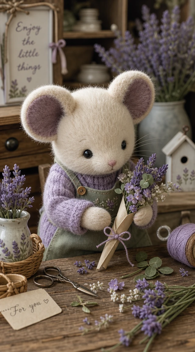 Ratinho de pelúcia fofo organizando um minúsculo buquê de flores