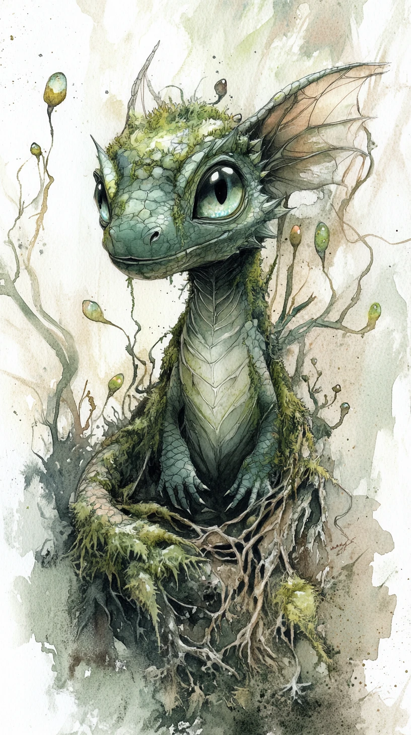 Dragon de Forêt Mousseuse aux Spores Lumineuses en Aquarelle et Encre