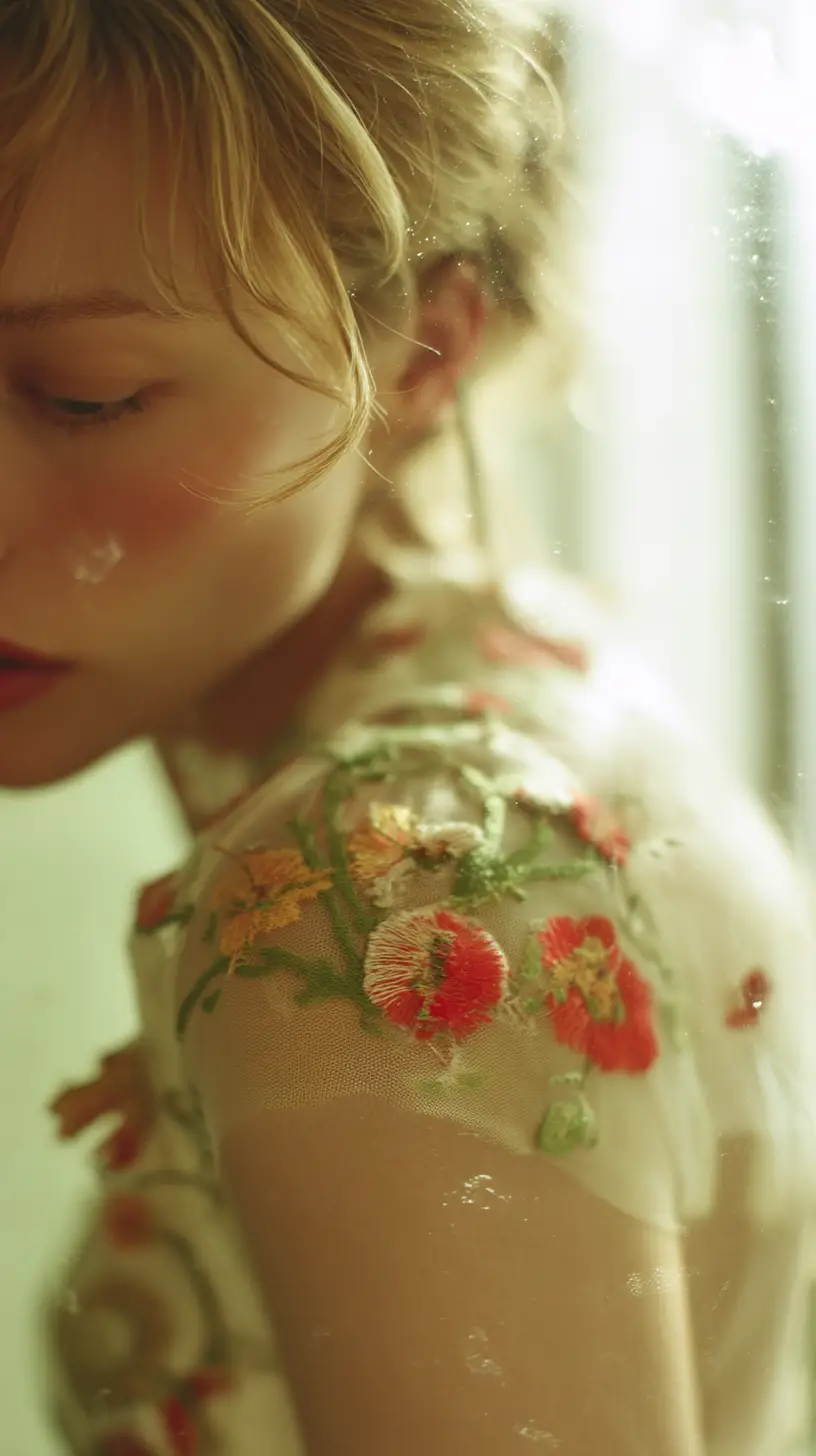 Soft focus self portrait of blonde woman in floral dress