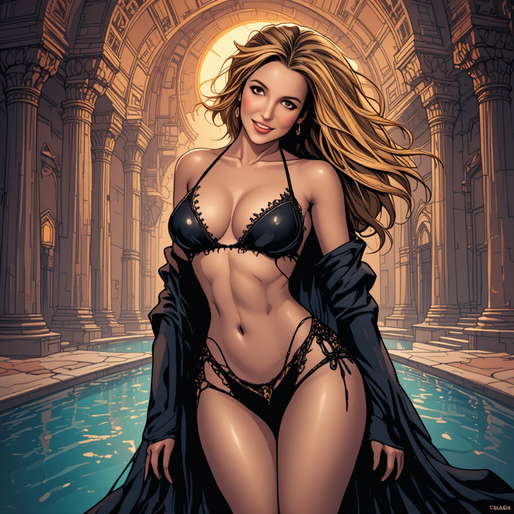 Femme pulpeuse en lingerie noire sur balcon de palais orné