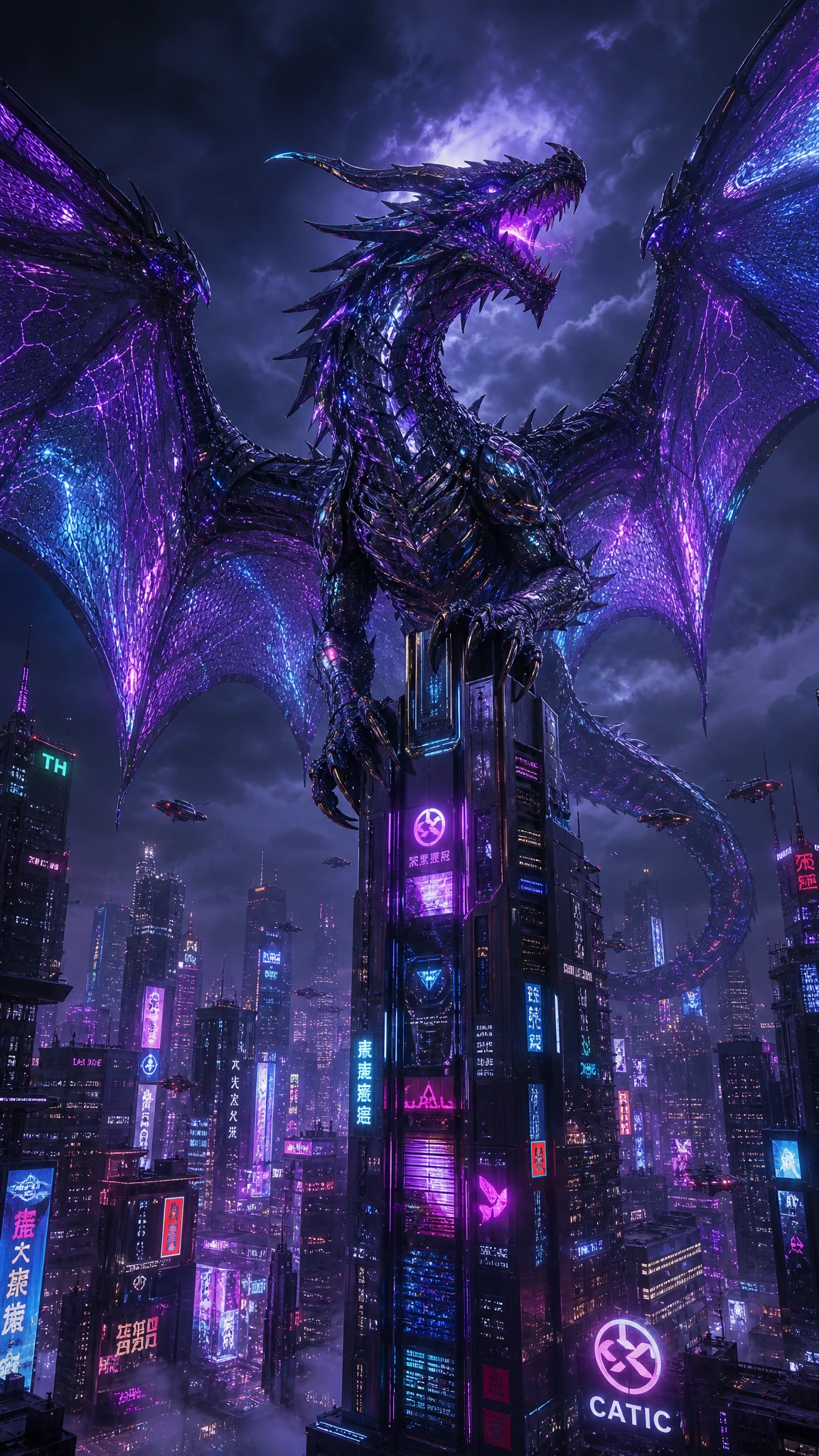 Dragão cyberpunk dominando o horizonte neon da cidade