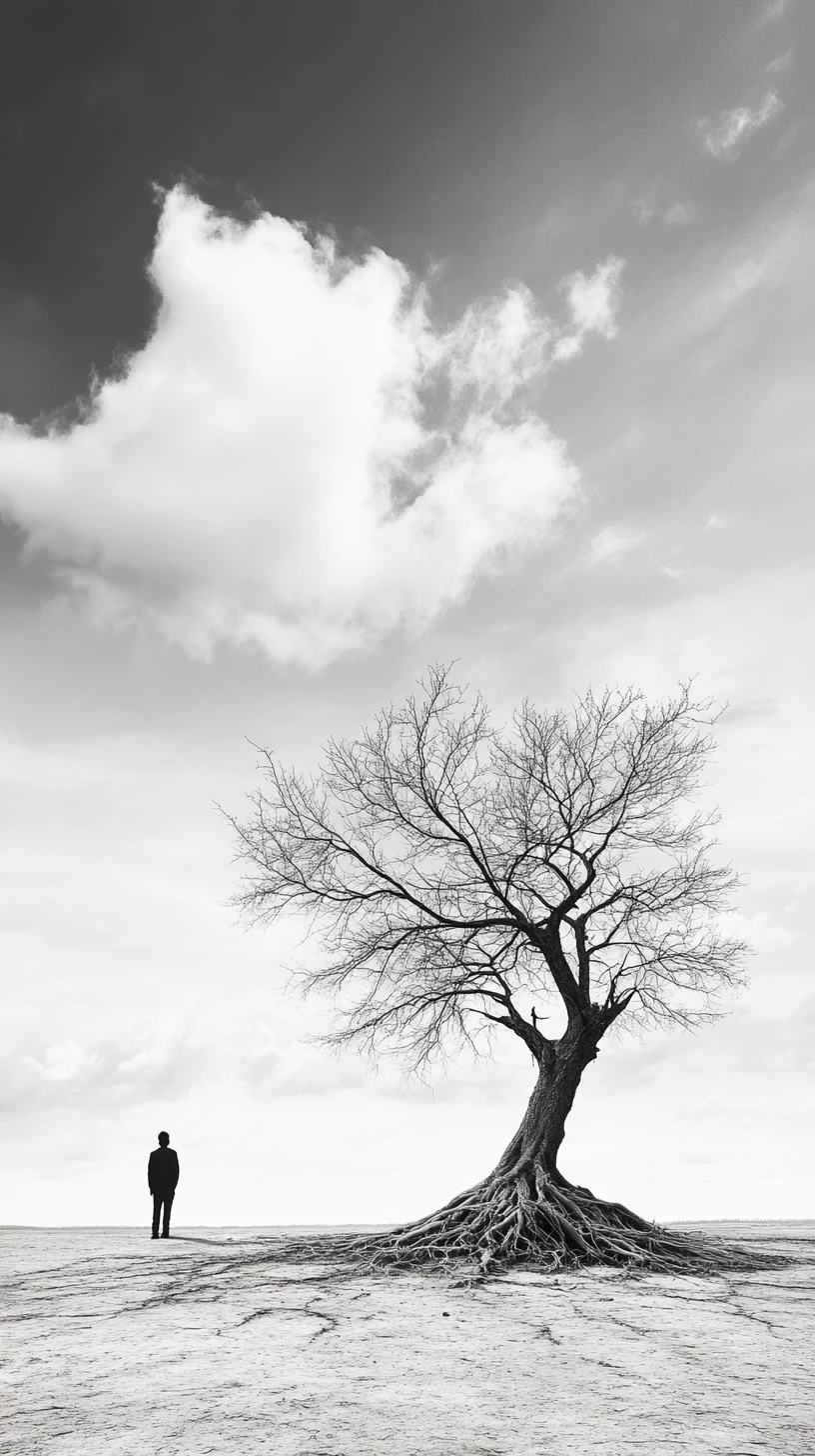 Einsamer Baum und ferne Gestalt in minimalistischer monochromer Landschaft