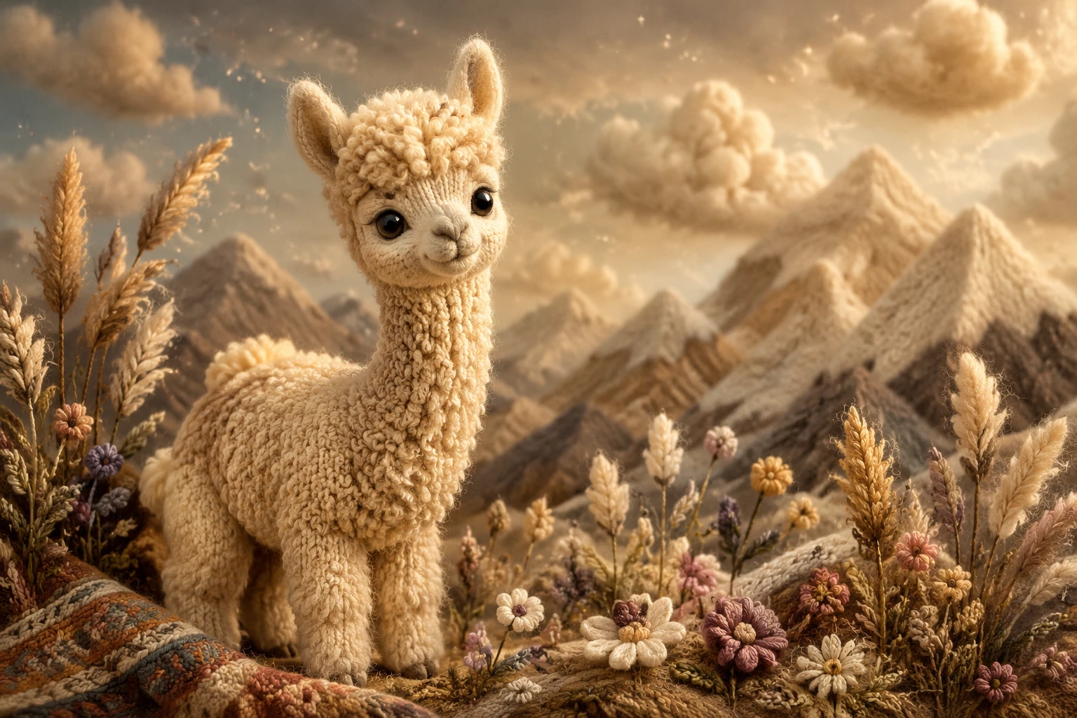 Adorável filhote de alpaca feltrada com lã macia nas montanhas