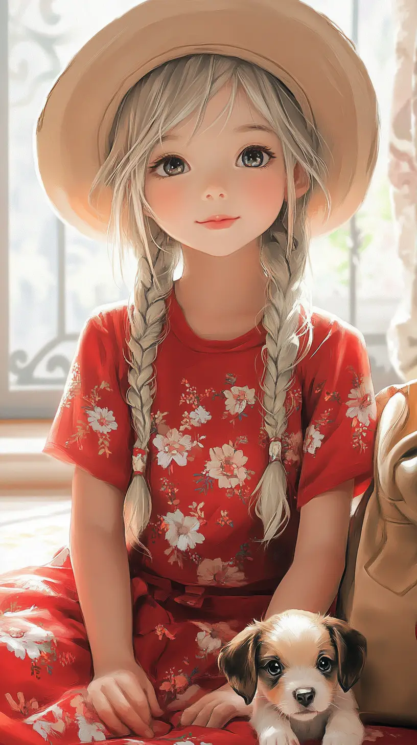 穿紅色洋裝的可愛小女孩安靜地坐在室內