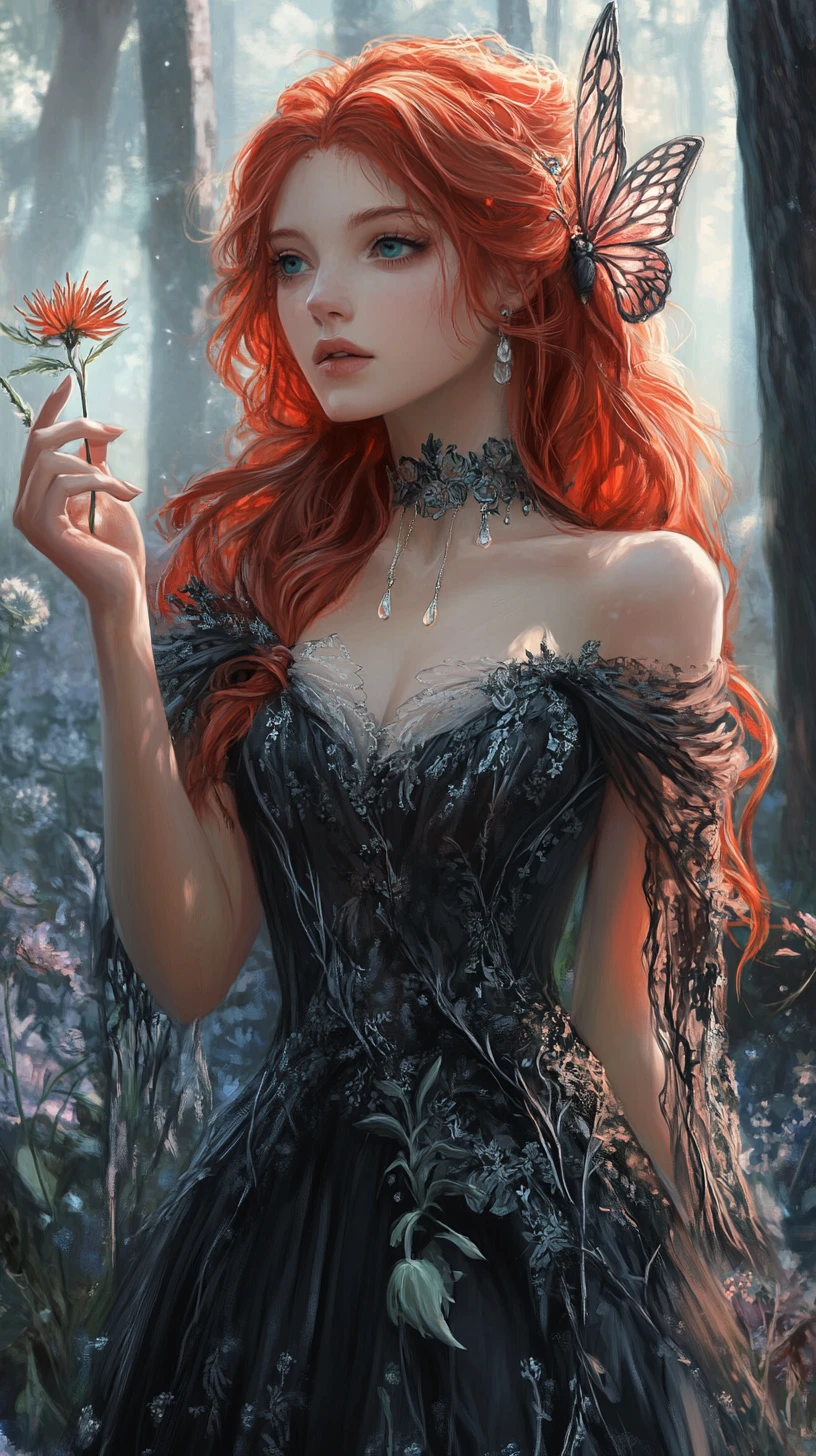 Ilustração de mulher ruiva de anime em um campo de flores
