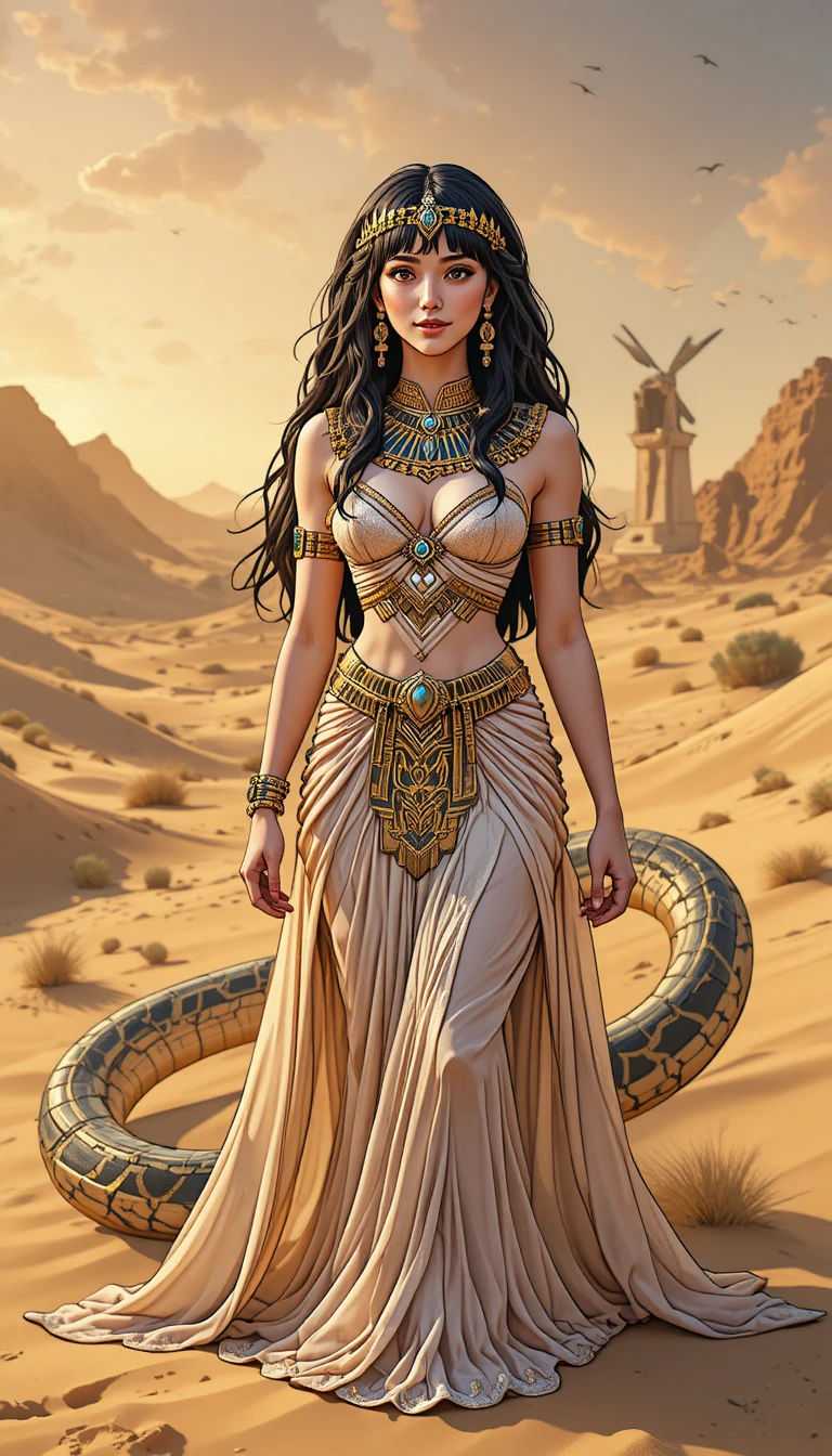 Anime Cleopatra smiling in a vast desert with serpent