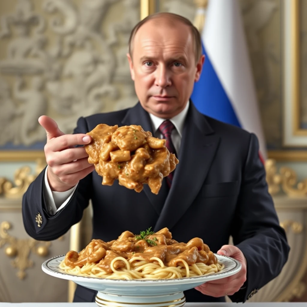 Politician presenting a plate of hearty meat stew