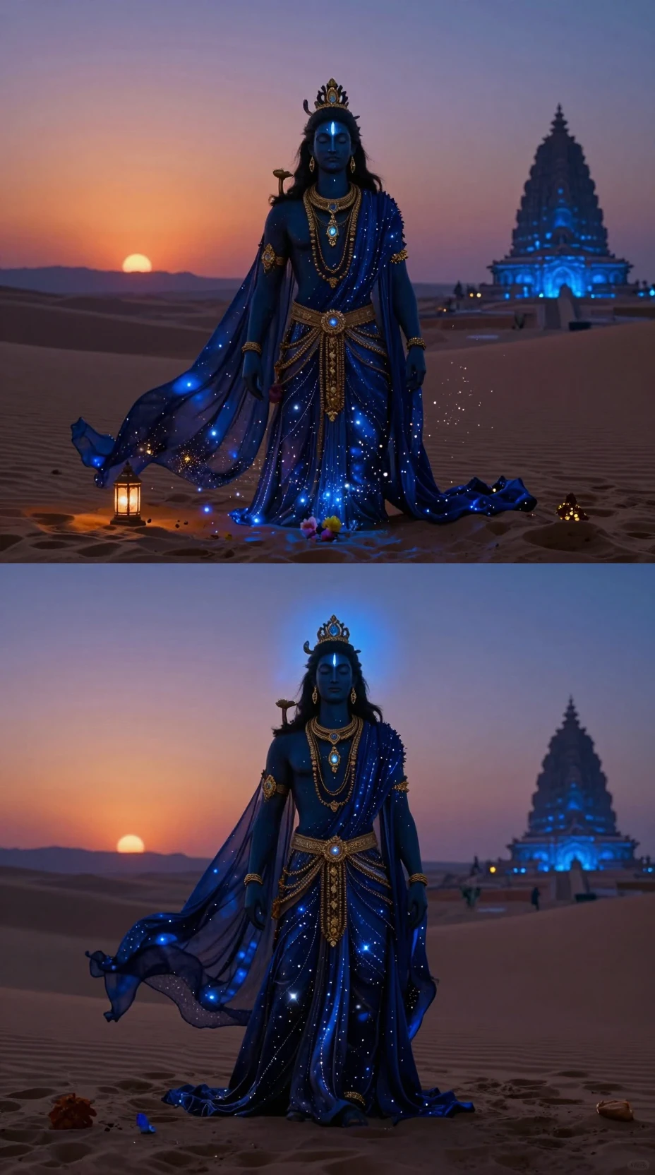 Mystische Frau, die im Sonnenuntergang in einer weiten Wüste erstrahlt