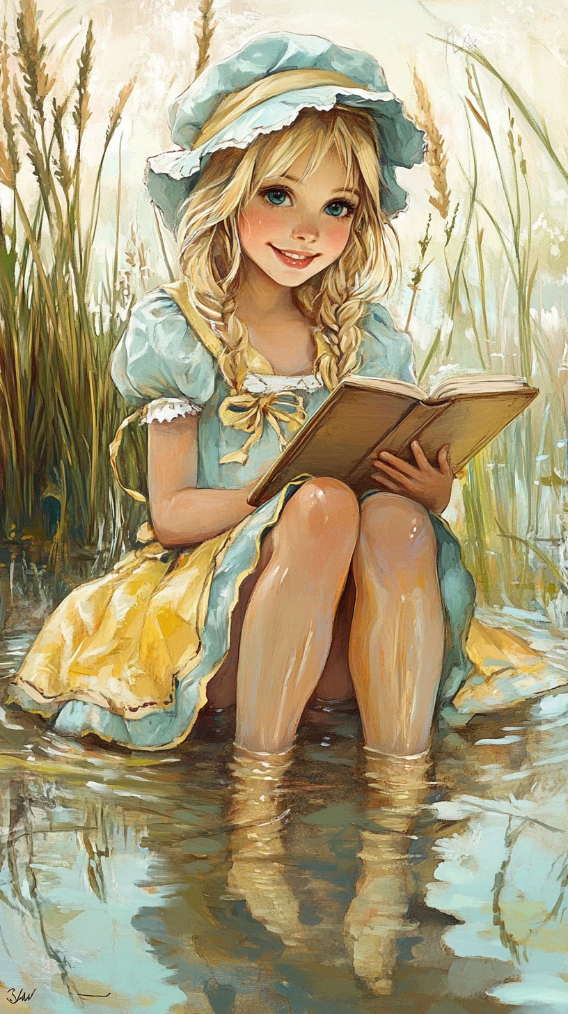Jeune fille blonde souriante au bord de l’eau en robe vintage