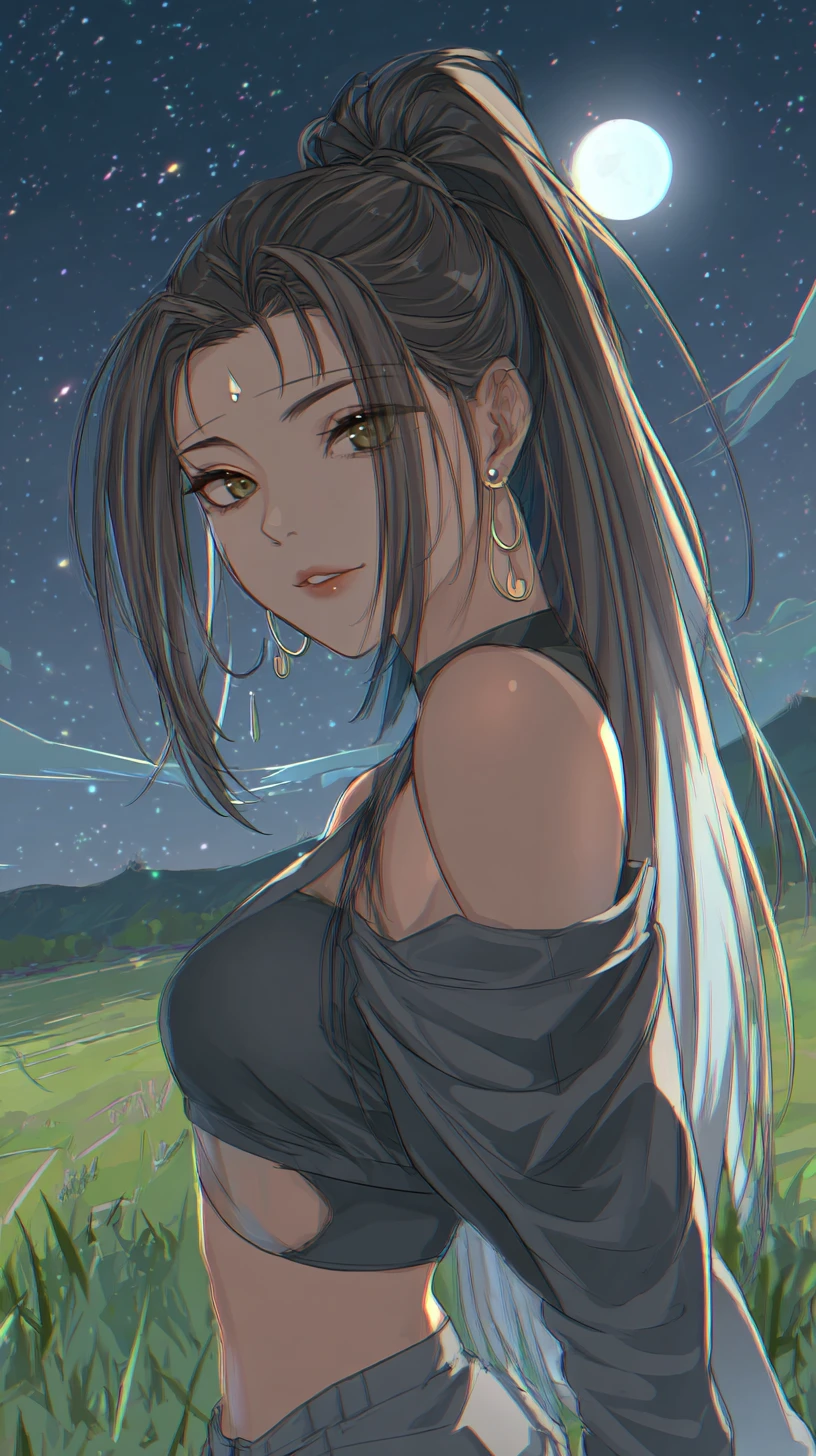 Chica de anime segura de sí misma con ropa athleisure bajo un cielo estrellado