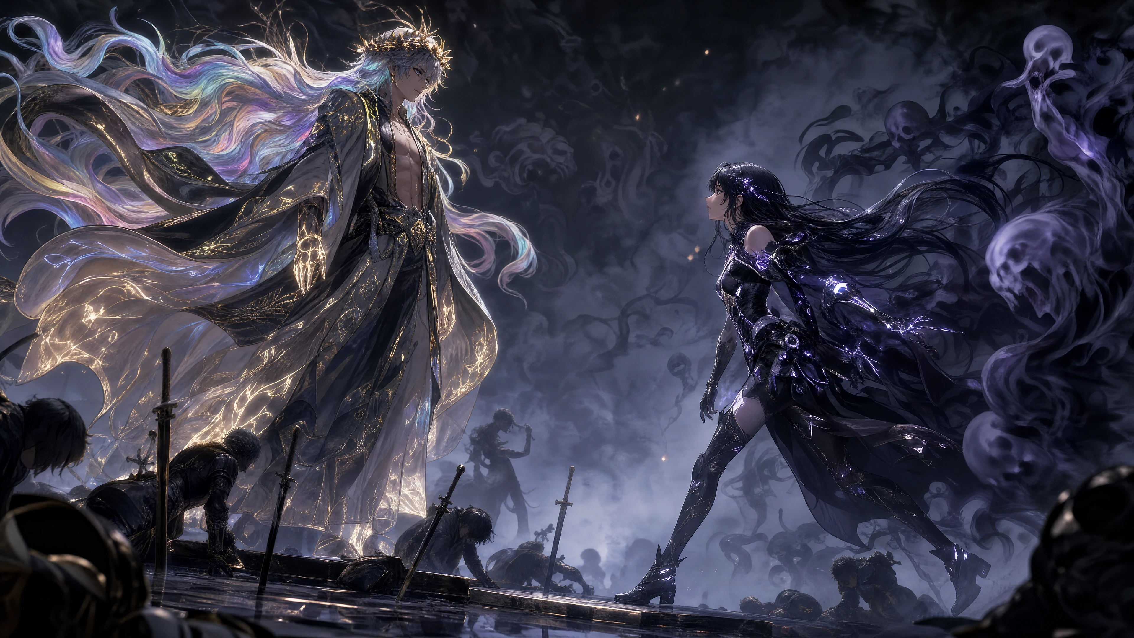 Homem de anime régio em plataforma coberta de espadas com traje brilhante