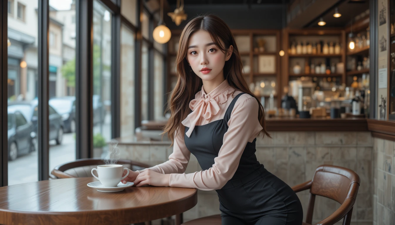 Ragazza universitaria coreana giocherellona che posa in un caffè moderno