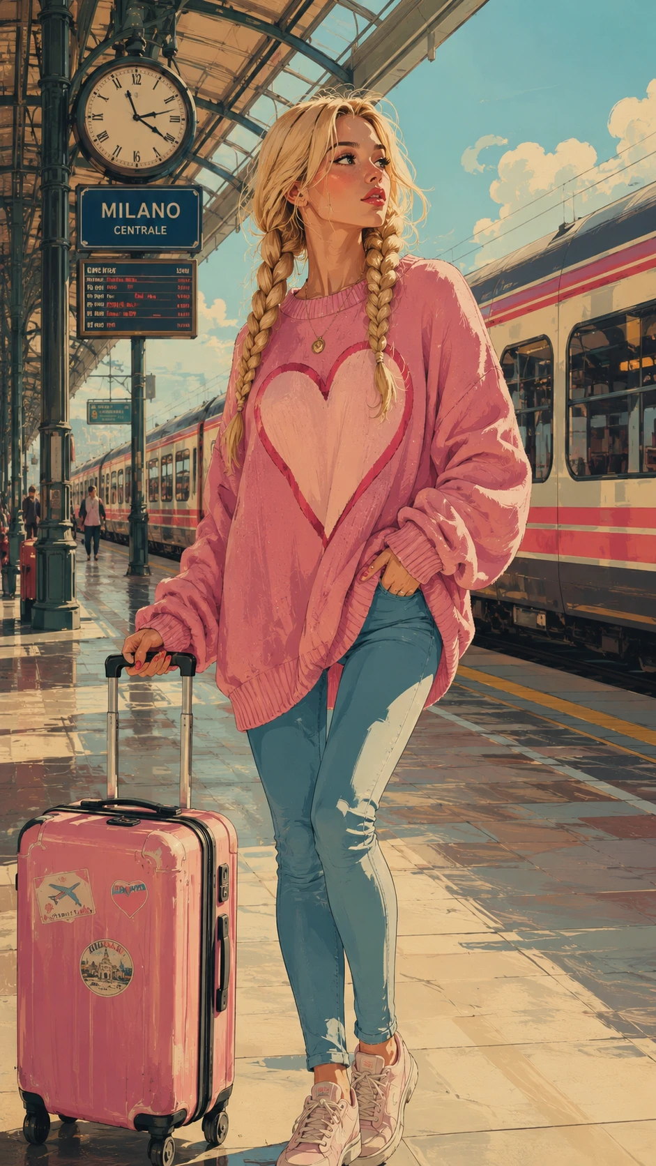 Femme blonde d’anime en pull rose à la gare