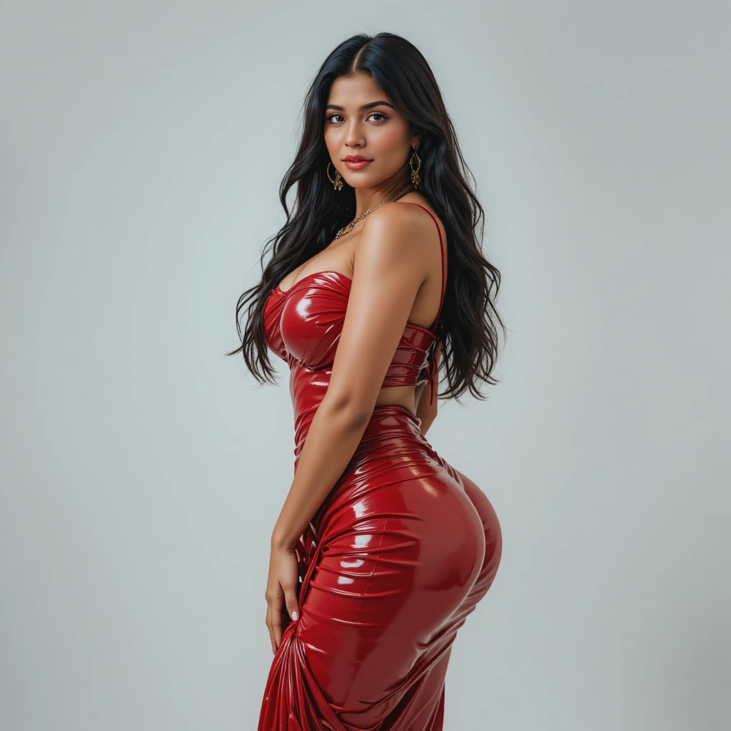 スタジオでポーズをとるラテックスサリー姿のパキスタン人女性