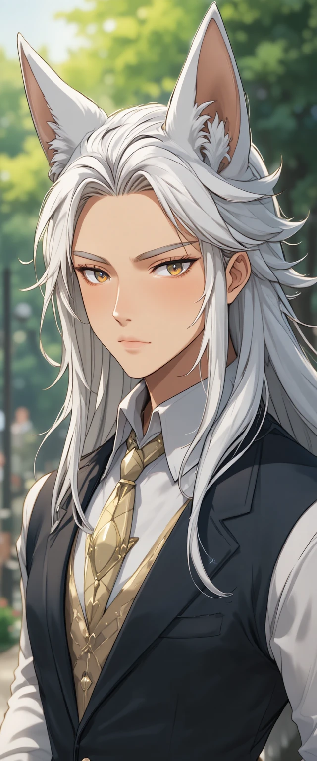 Elegante kitsune masculino de anime com cabelo prateado e olhos dourados