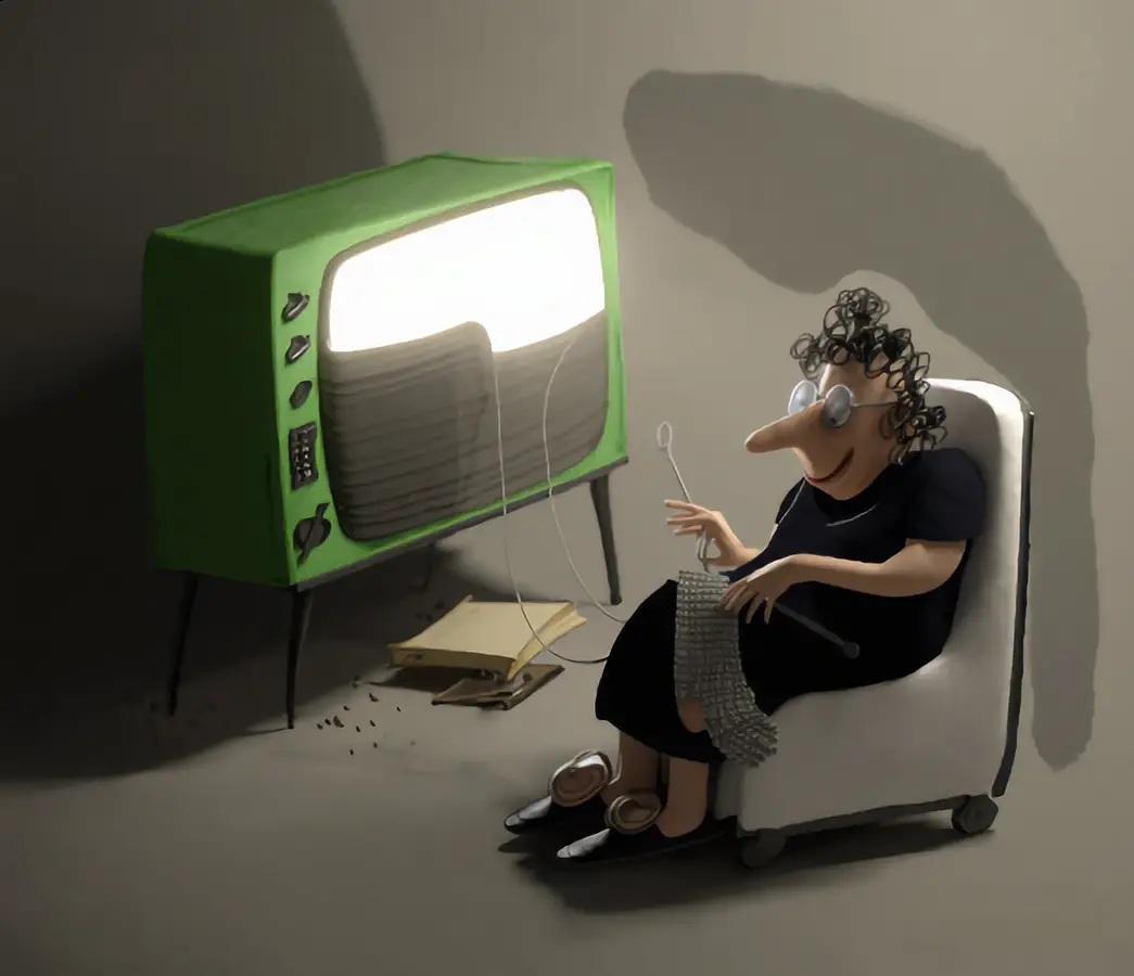 초록빛으로 빛나는 텔레비전 옆에서 뜨개질하는 노부인
