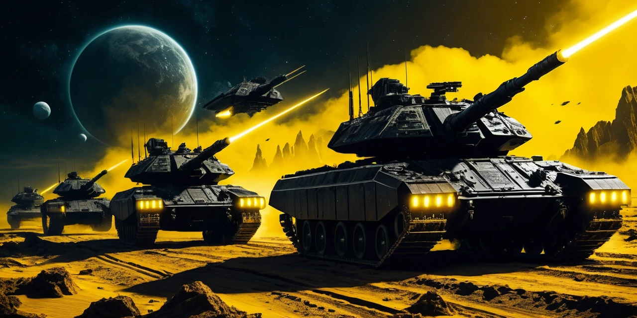 Tanques pretos futuristas cruzando um campo de batalha sci‑fi tropical